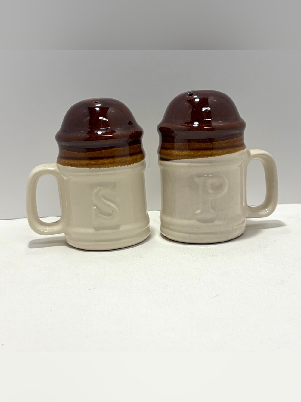 Vintage Salt & Pepper Shaker Set XL Cream & Brown Country Kitchen 60’s Ceramic